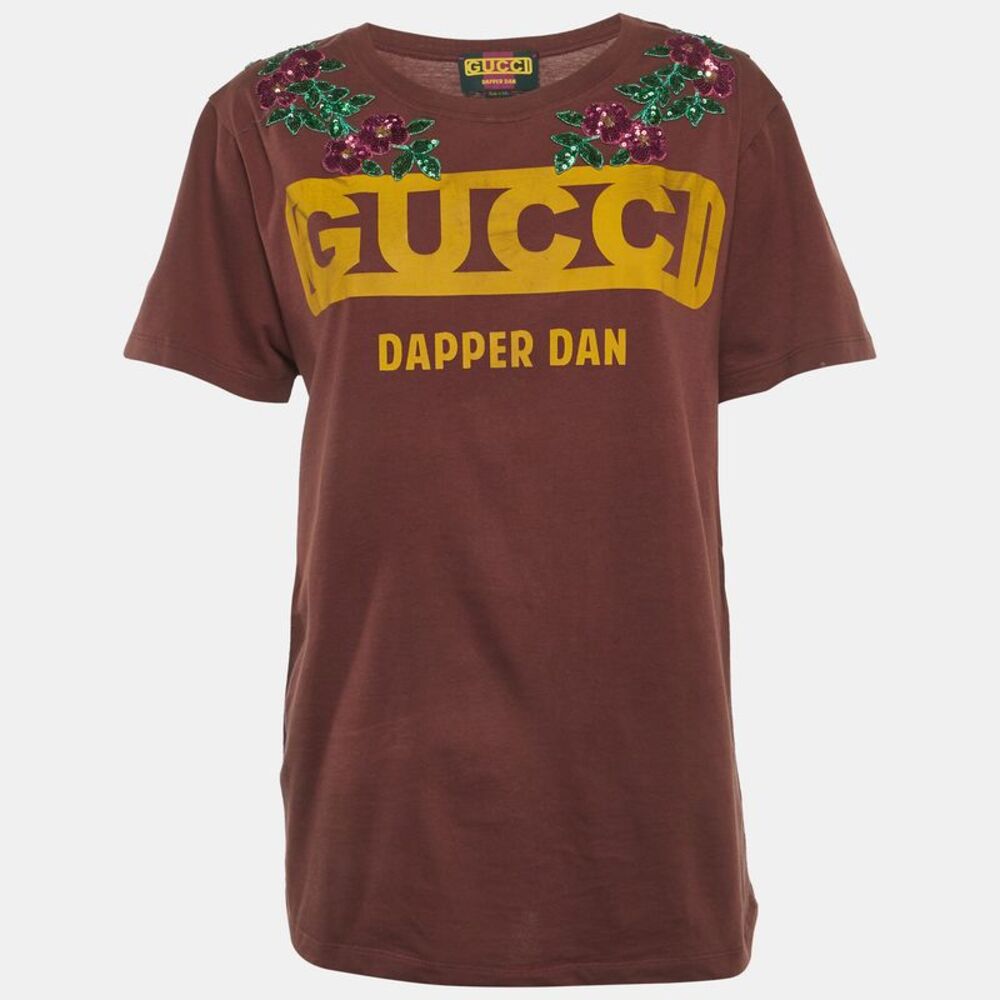 Gucci Dapper Dan Brown Logo Print Jersey Sequin T-Shirt Xs